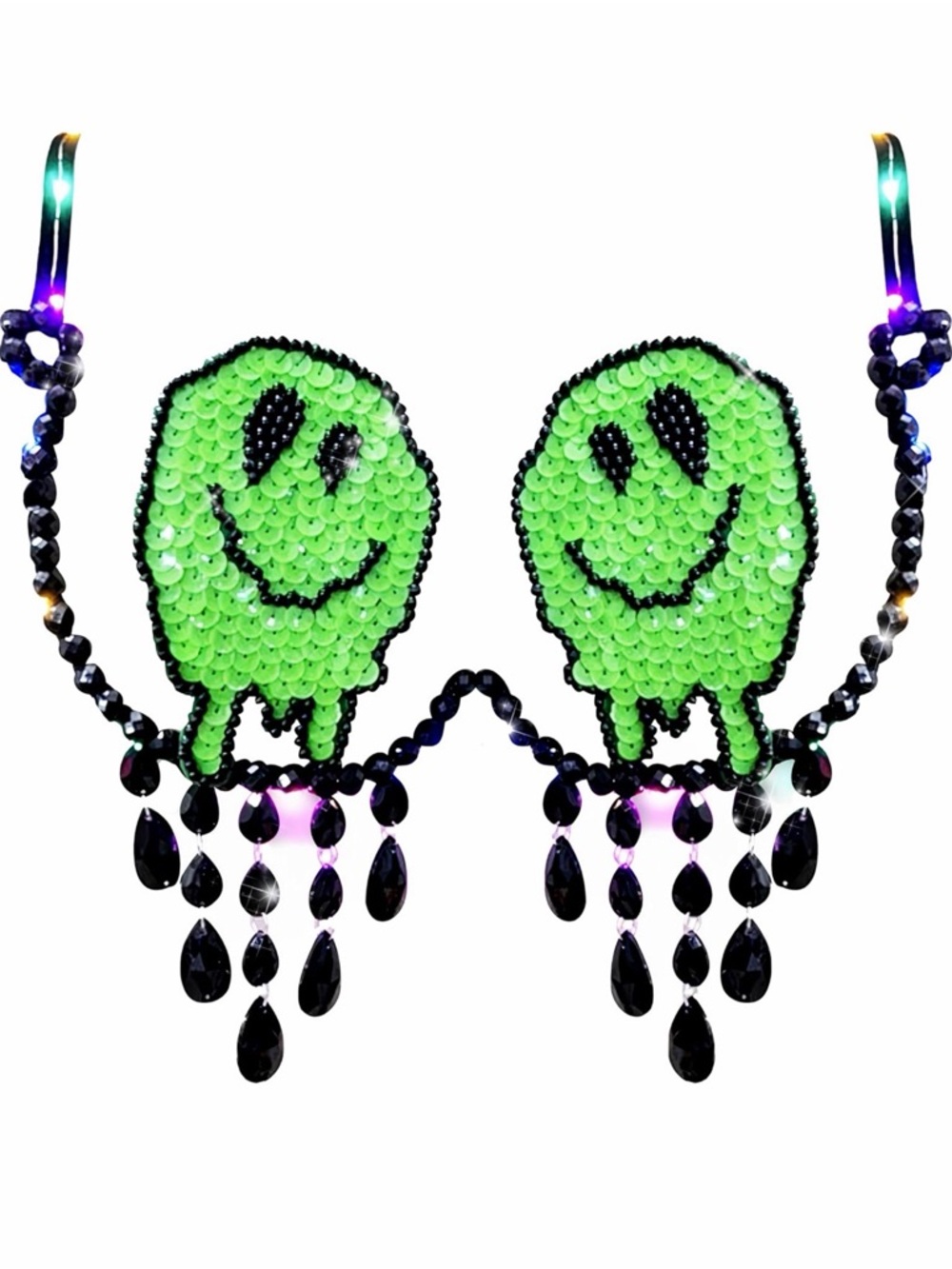 Green Sequin LED Smiley Face Drop Pasties - Women Other
